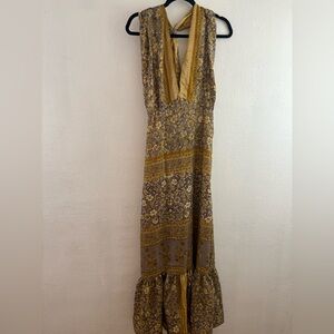 Veena floral print open back halter tie back neck silk blend gold maxi dress S